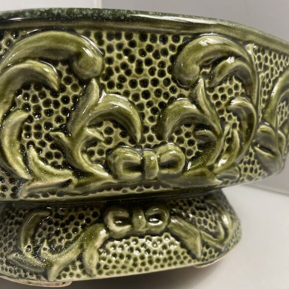 MCM Planter Vase Vintage 1950's Pedestal Ceramic Gloss‎ Green Raised Design - Picture 3 of 9